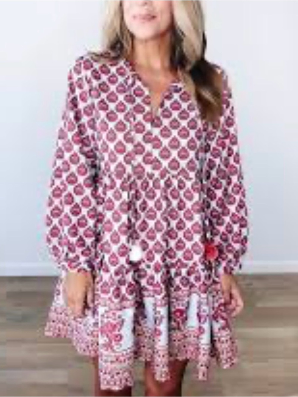 Zara Pink Printed Tiered Tunic with Tassel Tie
